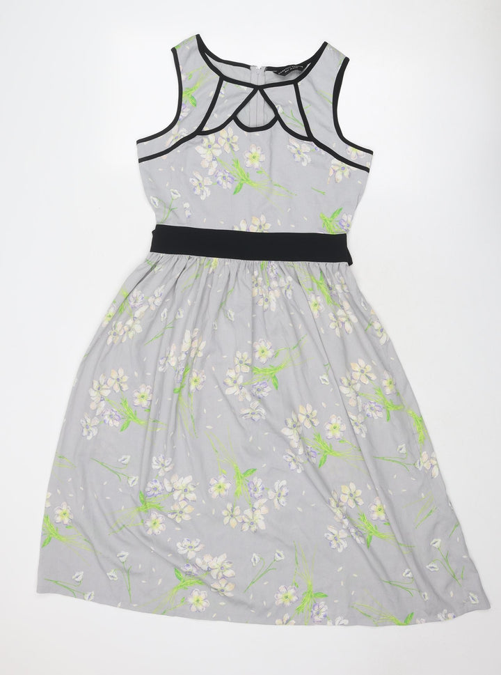 Dorothy Perkins Womens Grey Floral Polyester Fit & Flare Size 10 Boat Neck Zip