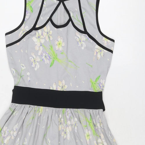 Dorothy Perkins Womens Grey Floral Polyester Fit & Flare Size 10 Boat Neck Zip