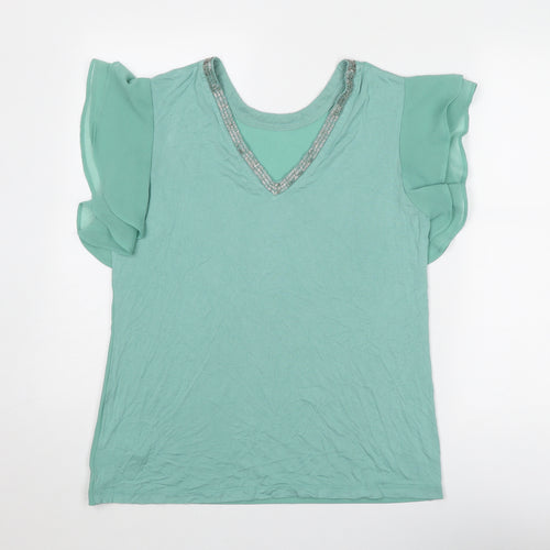 NEXT Womens Green Polyester Basic T-Shirt Size 10 V-Neck
