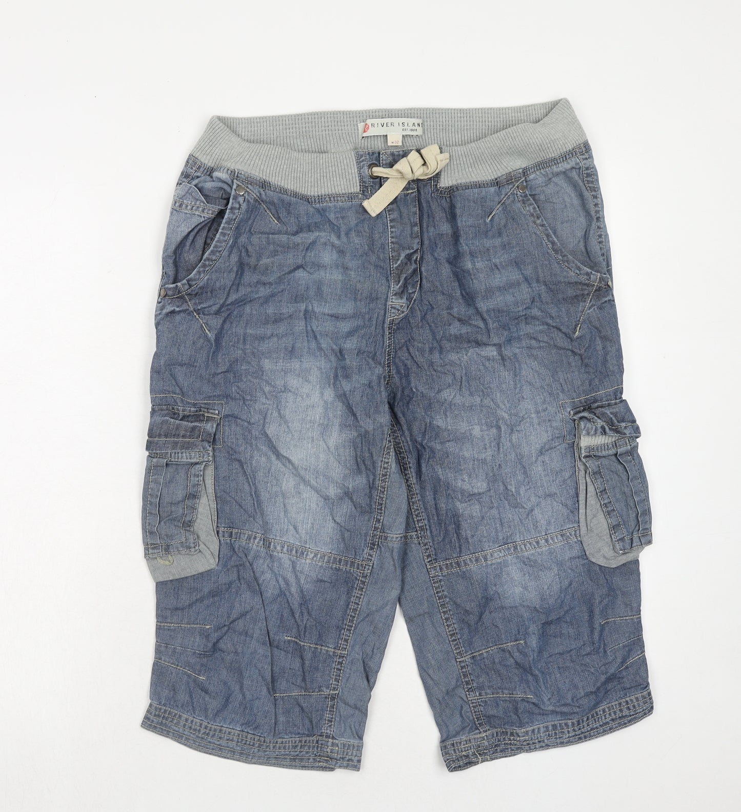 River Island Mens Blue Cotton Cargo Shorts Size 32 in Regular Drawstring