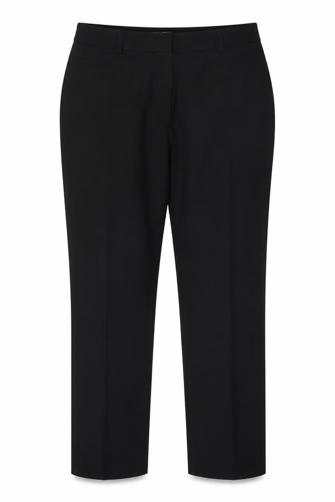 Front view of Country Casuals women’s black polyester chino trousers, size UK 16, regular hook & eye