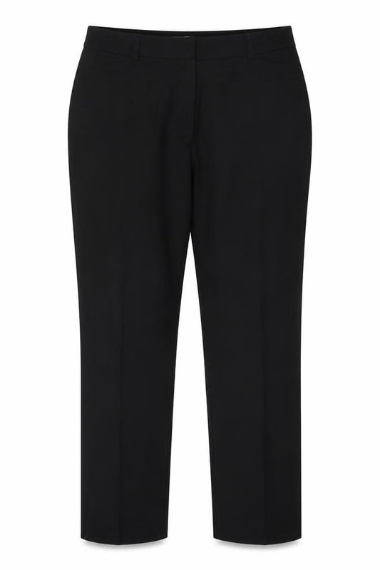 Front view of Country Casuals women’s black polyester chino trousers, size UK 16, regular hook & eye