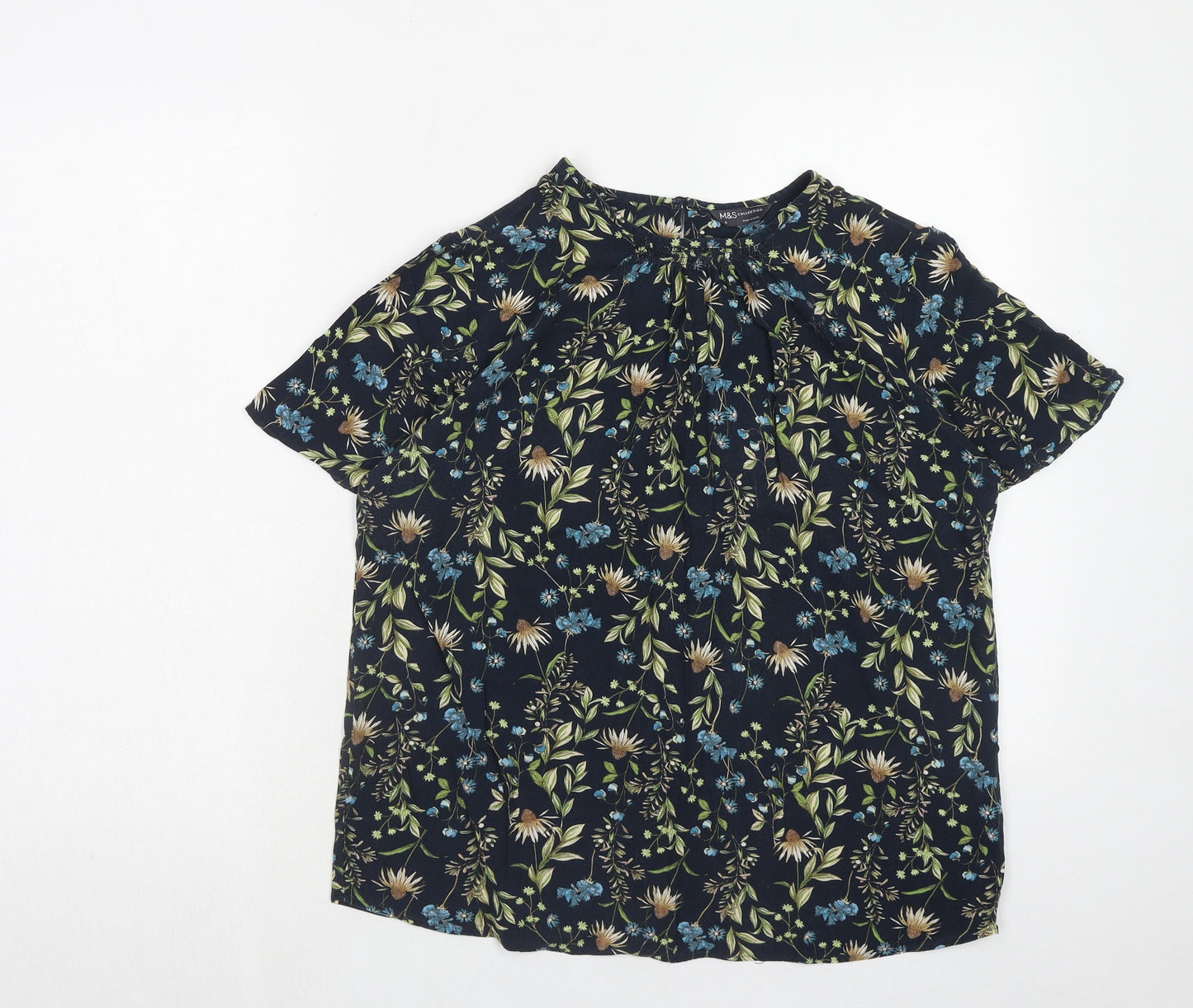 Marks and Spencer Womens Blue Geometric Viscose Basic Blouse Size 8 Round Neck