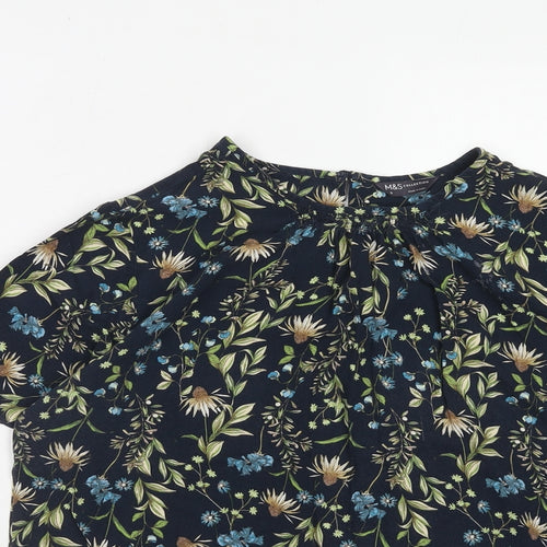 Marks and Spencer Womens Blue Geometric Viscose Basic Blouse Size 8 Round Neck