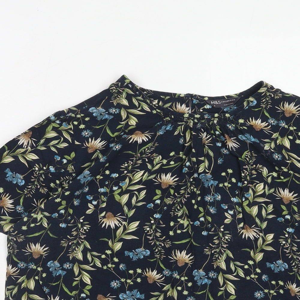 Marks and Spencer Womens Blue Geometric Viscose Basic Blouse Size 8 Round Neck