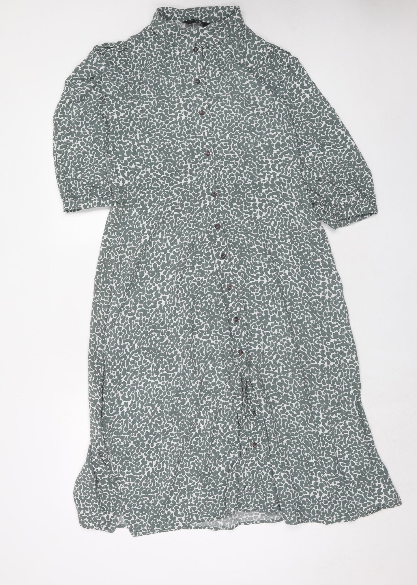 Marks and Spencer Womens Green Geometric Viscose Shirt Dress Size 12 Collared Button