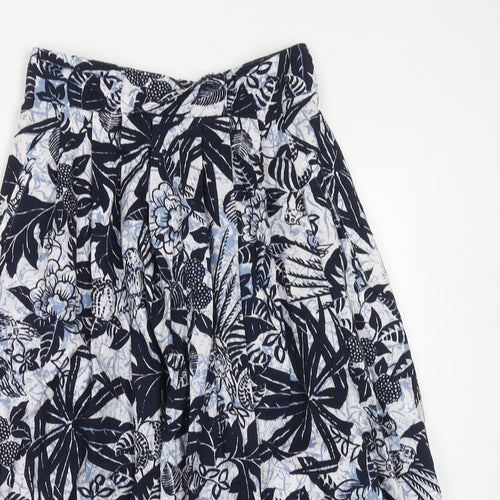 St Michael Womens Blue Floral Cotton Pleated Skirt Size 10 Zip