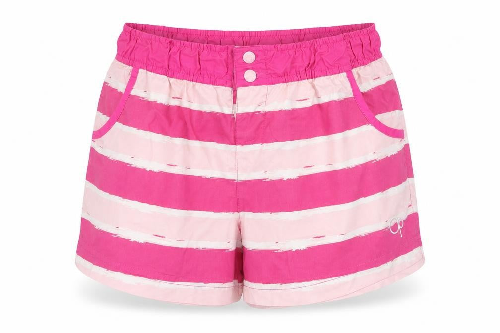 Front view of Ocean Pacific women’s pink striped polyester bermuda shorts, size UK 12, regular button