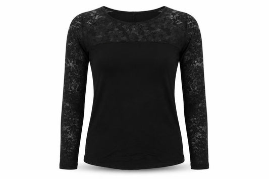 Front view of Select women’s black polyester basic blouse, size UK 8, boat neck - lace detail