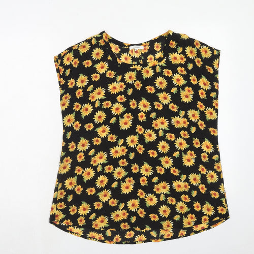 Pleione Womens Yellow Floral Polyester Basic Blouse Size S Boat Neck