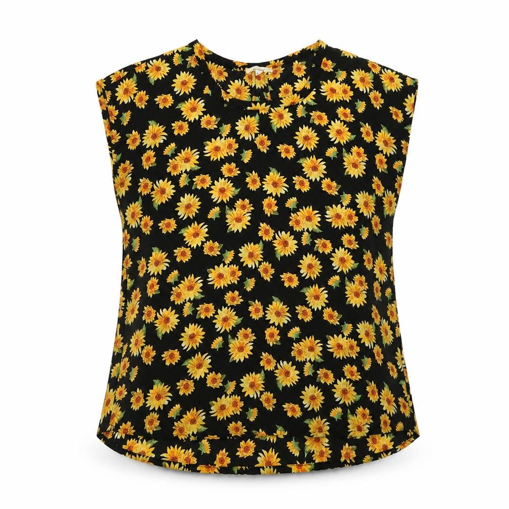 Front view of Pleione women’s yellow floral polyester basic blouse, size S, boat neck
