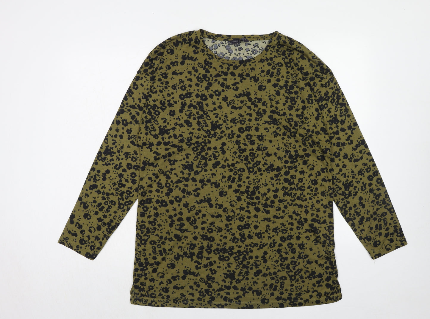 Marks and Spencer Womens Green Animal Print Polyester Basic T-Shirt Size 12 Crew Neck - Leopard Print
