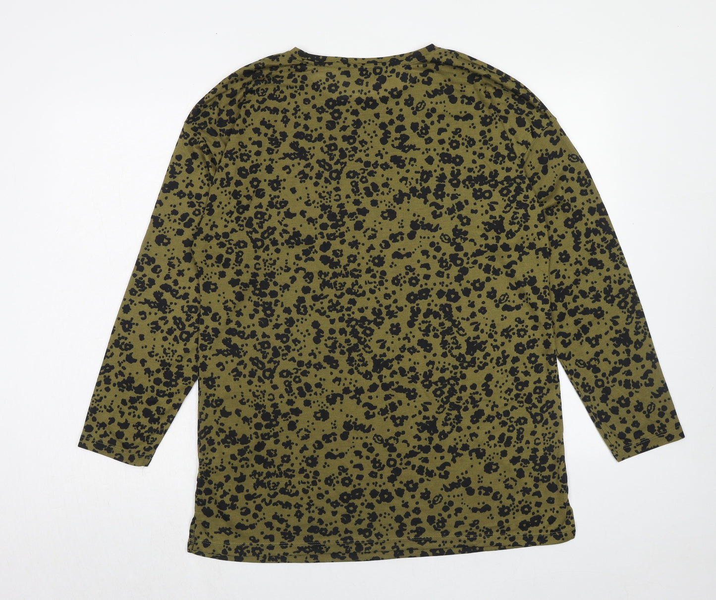 Marks and Spencer Womens Green Animal Print Polyester Basic T-Shirt Size 12 Crew Neck - Leopard Print