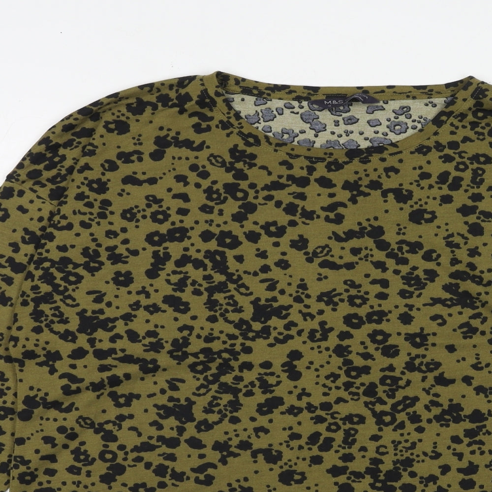 Marks and Spencer Womens Green Animal Print Polyester Basic T-Shirt Size 12 Crew Neck - Leopard Print