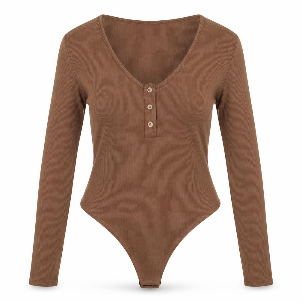 Front view of PRETTYLITTLETHING women’s brown polyester bodysuit one-piece, size UK 16, snap