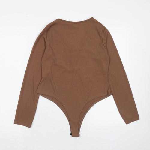 PRETTYLITTLETHING Womens Brown Polyester Bodysuit One-Piece Size 16 Snap