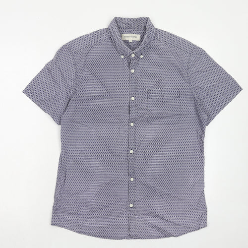 River Island Mens Blue Geometric Cotton Button-Up Size M Collared Button