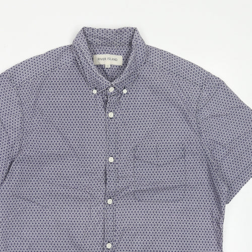 River Island Mens Blue Geometric Cotton Button-Up Size M Collared Button