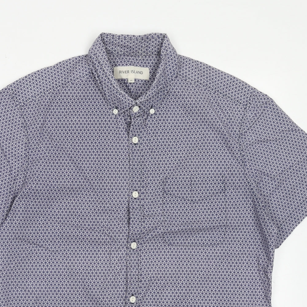 River Island Mens Blue Geometric Cotton Button-Up Size M Collared Button