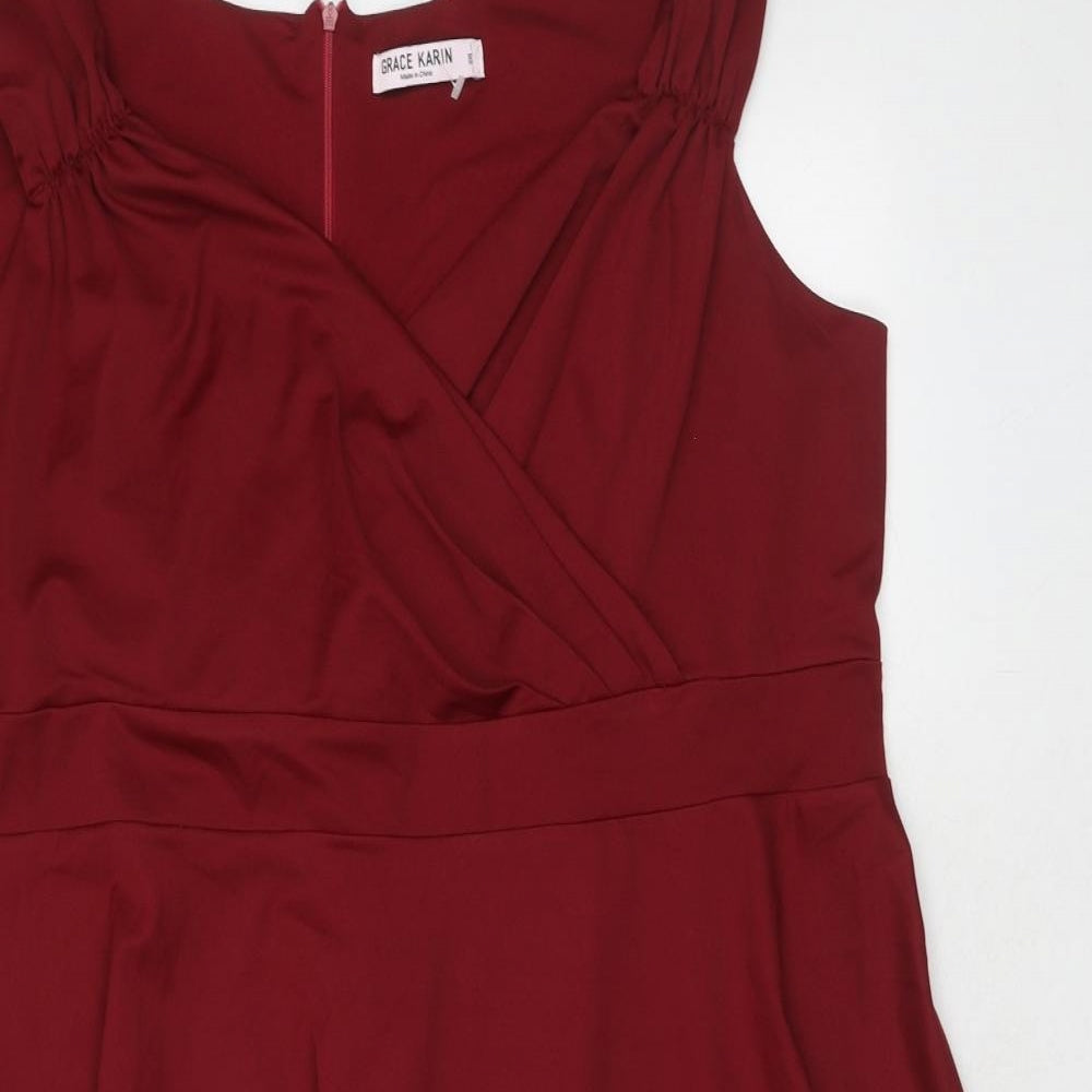 Grace Karin Womens Red Polyester Fit & Flare Size 3XL V-Neck Zip - Wrap Front Detail