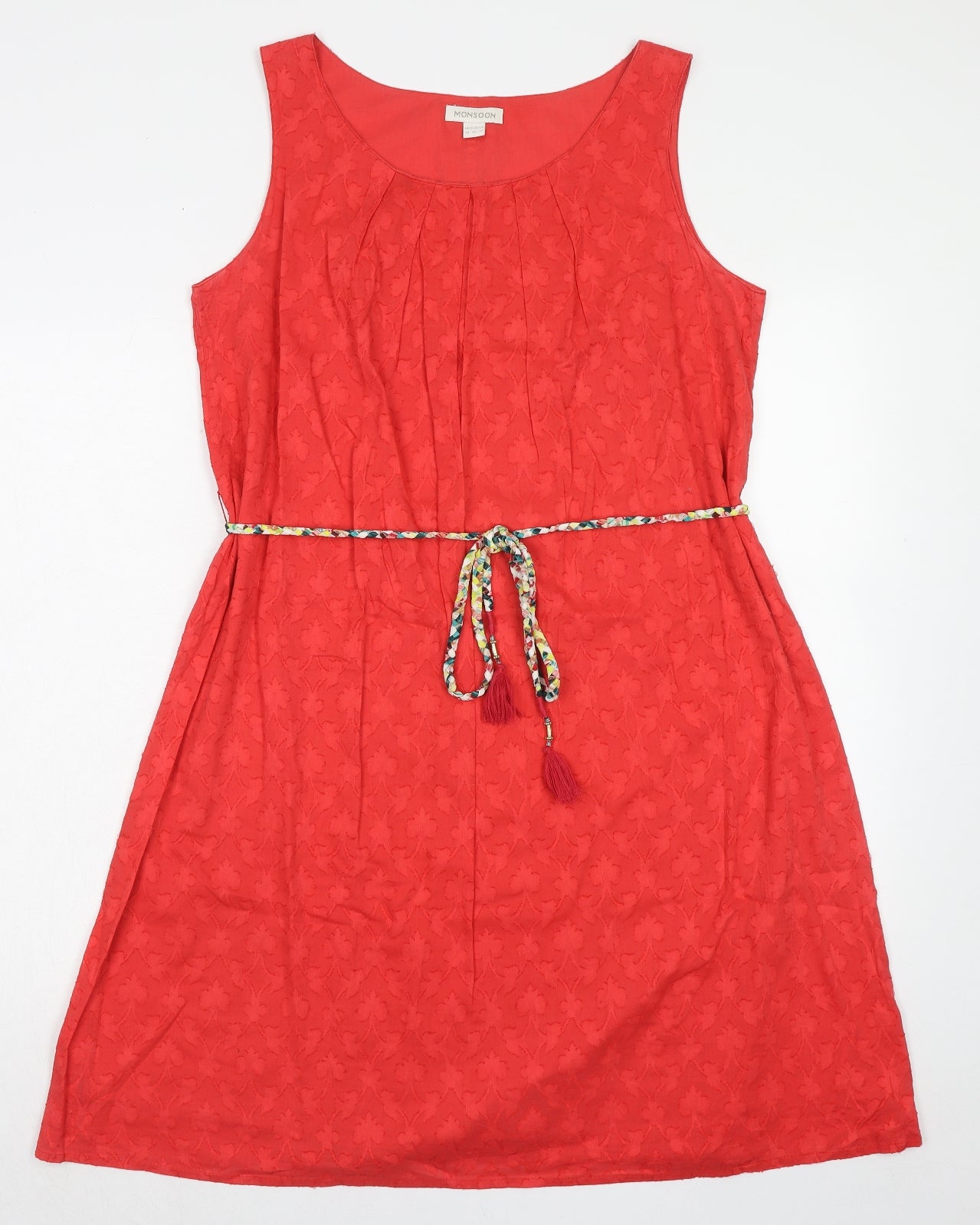 Monsoon Womens Red Geometric Polyester Tank Dress Size 14 Boat Neck Pullover - Textured