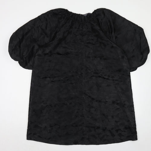 Marks and Spencer Womens Black Animal Print Polyester Trapeze & Swing Size 16 Boat Neck Button - Puff Sleeve