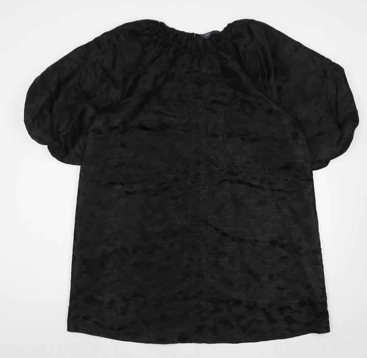 Marks and Spencer Womens Black Animal Print Polyester Trapeze & Swing Size 16 Boat Neck Button - Puff Sleeve