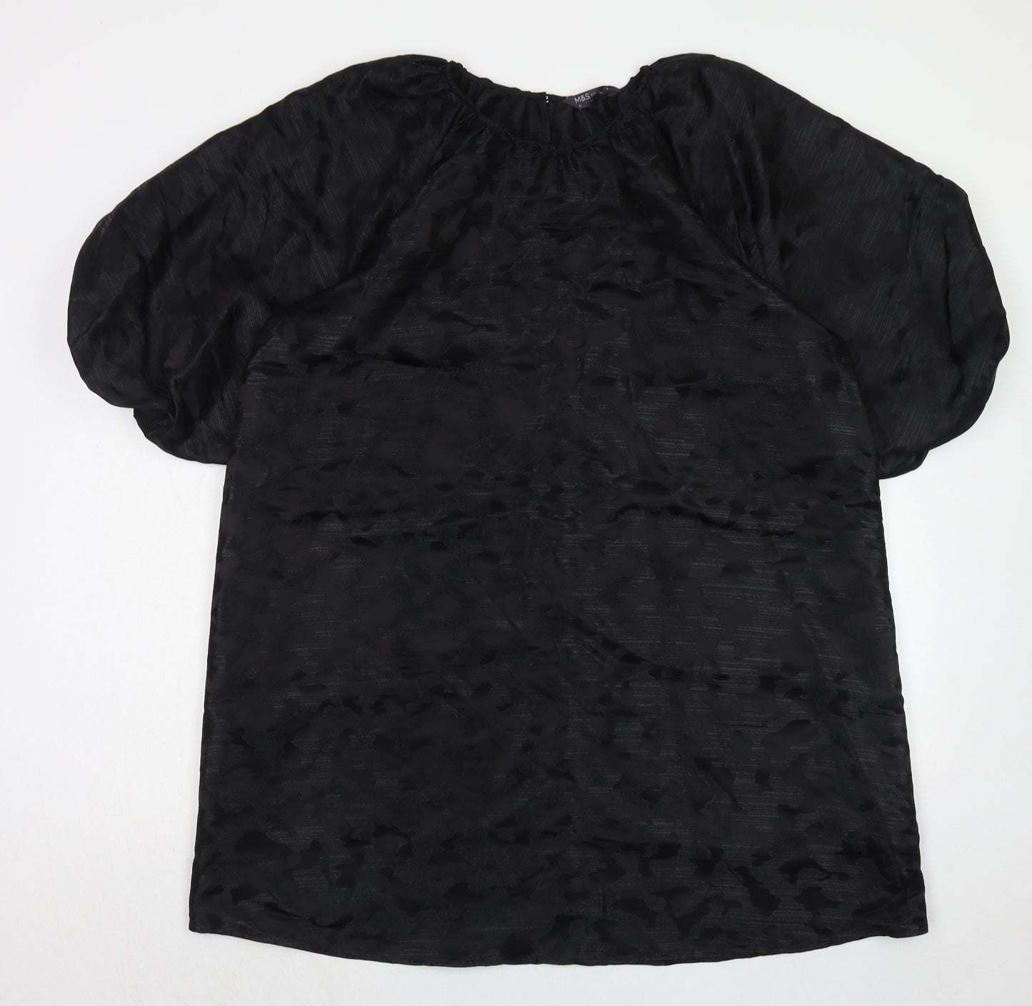 Marks and Spencer Womens Black Animal Print Polyester Trapeze & Swing Size 16 Boat Neck Button - Puff Sleeve