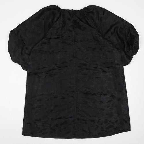 Marks and Spencer Womens Black Animal Print Polyester Trapeze & Swing Size 16 Boat Neck Button - Puff Sleeve