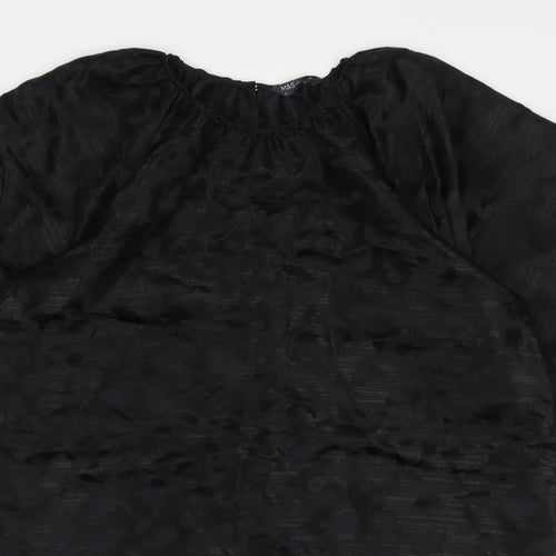 Marks and Spencer Womens Black Animal Print Polyester Trapeze & Swing Size 16 Boat Neck Button - Puff Sleeve