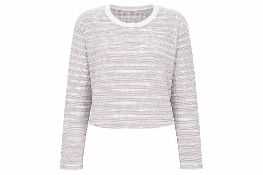 Front view of Topshop women’s red round neck striped polyester jumper, size UK 6