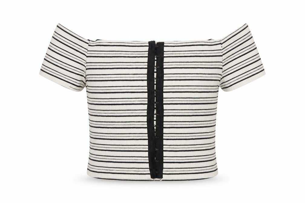 Front view of Topshop women’s white striped cotton basic tank, size UK 8, square neck