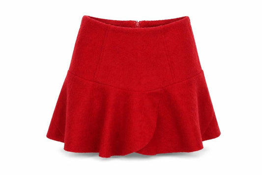 Front view of Mystery women’s red acrylic skater skirt, size S, zip