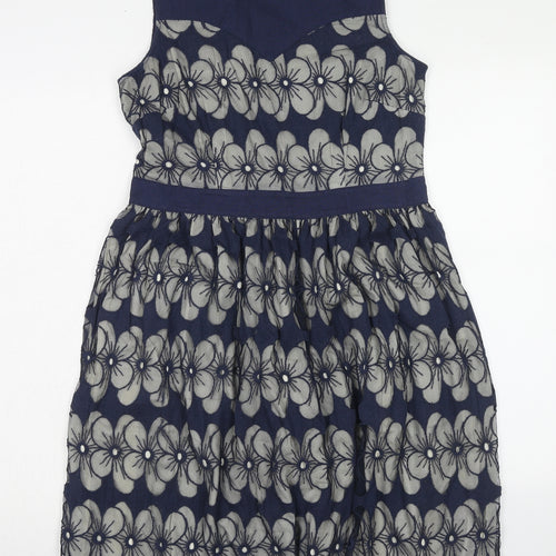 Monsoon Womens Blue Floral Cotton Fit & Flare Size 12 Boat Neck Zip - Crocheted Lace Trim