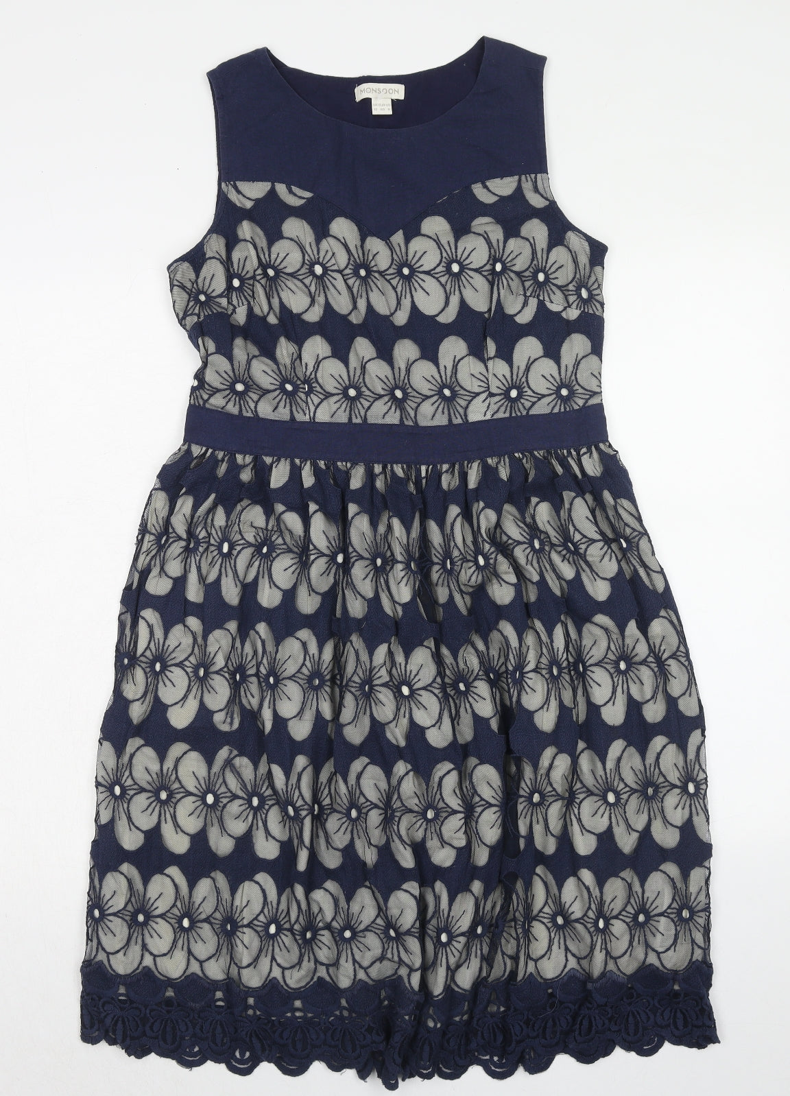Monsoon Womens Blue Floral Cotton Fit & Flare Size 12 Boat Neck Zip - Crocheted Lace Trim