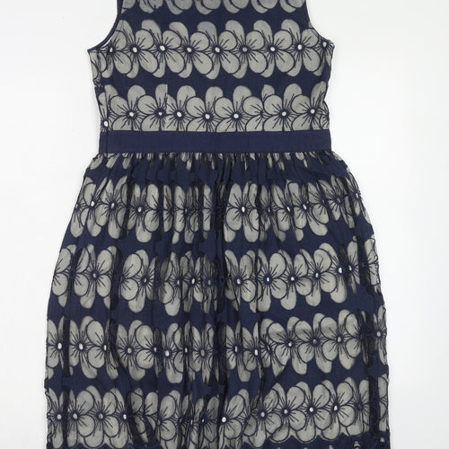 Monsoon Womens Blue Floral Cotton Fit & Flare Size 12 Boat Neck Zip - Crocheted Lace Trim