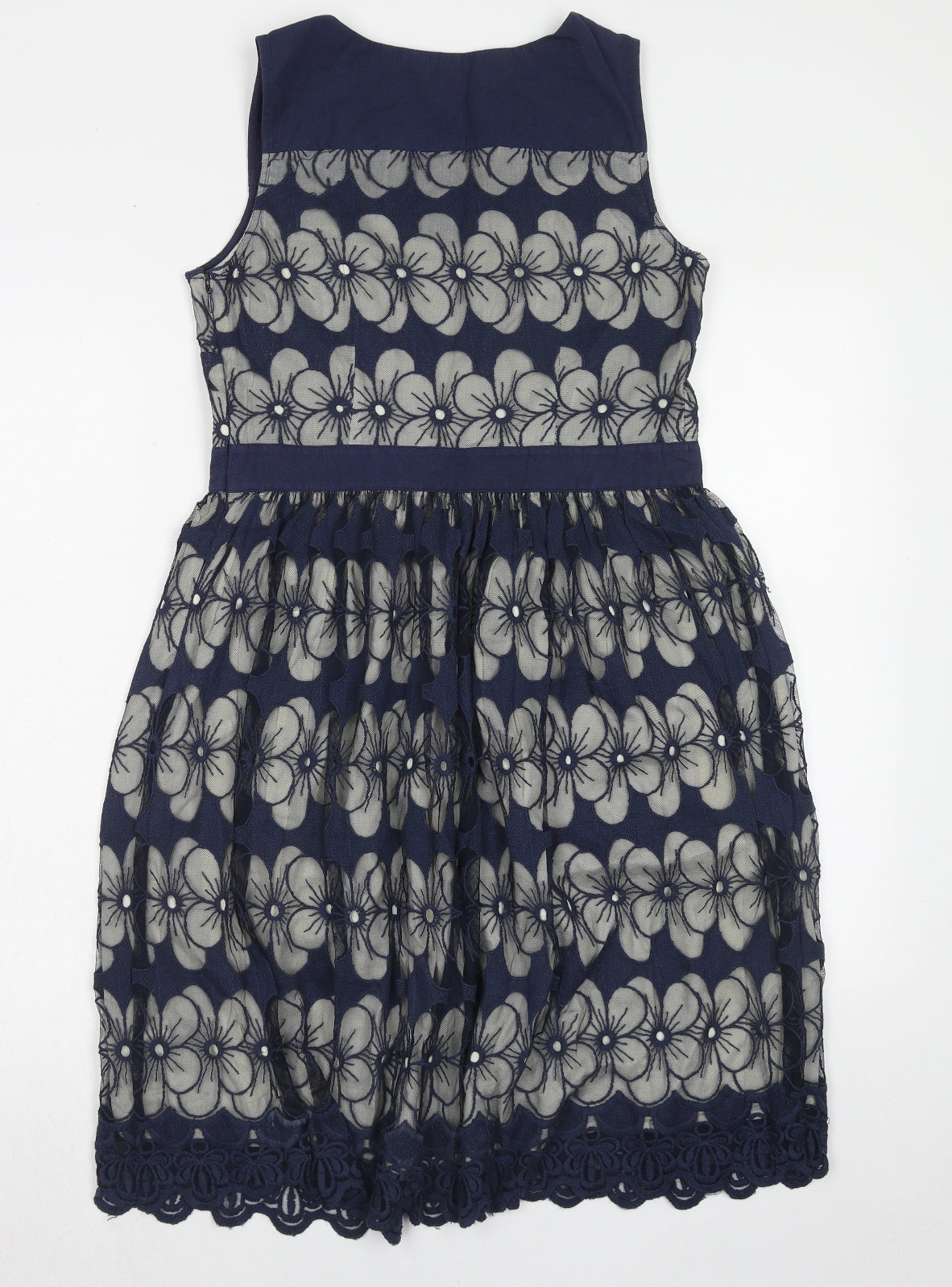 Monsoon Womens Blue Floral Cotton Fit & Flare Size 12 Boat Neck Zip - Crocheted Lace Trim