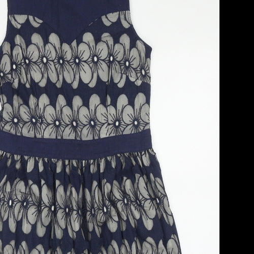 Monsoon Womens Blue Floral Cotton Fit & Flare Size 12 Boat Neck Zip - Crocheted Lace Trim