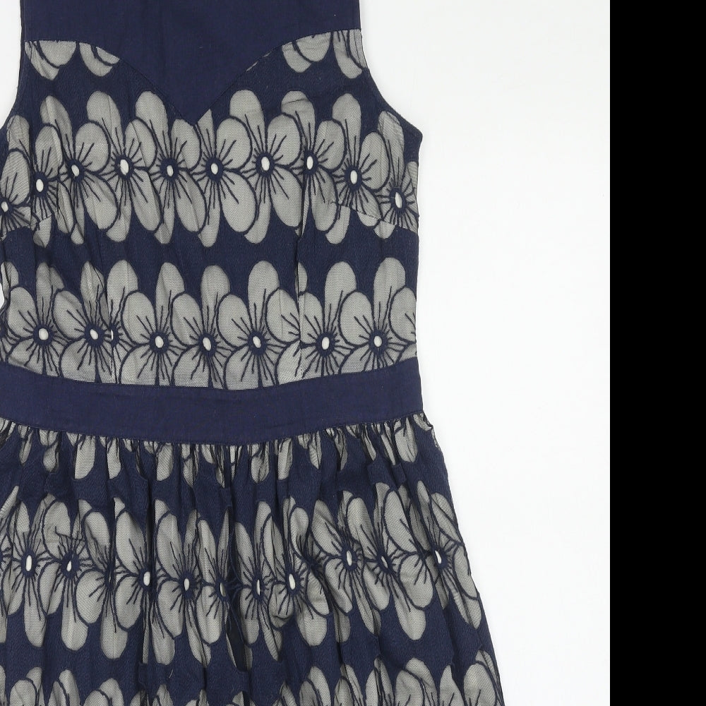 Monsoon Womens Blue Floral Cotton Fit & Flare Size 12 Boat Neck Zip - Crocheted Lace Trim