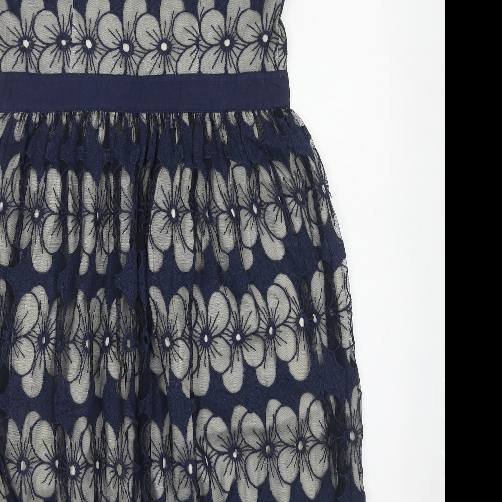 Monsoon Womens Blue Floral Cotton Fit & Flare Size 12 Boat Neck Zip - Crocheted Lace Trim