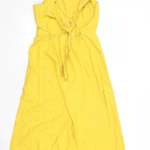 Warehouse Womens Yellow Linen Tank Dress Size 10 Square Neck Button