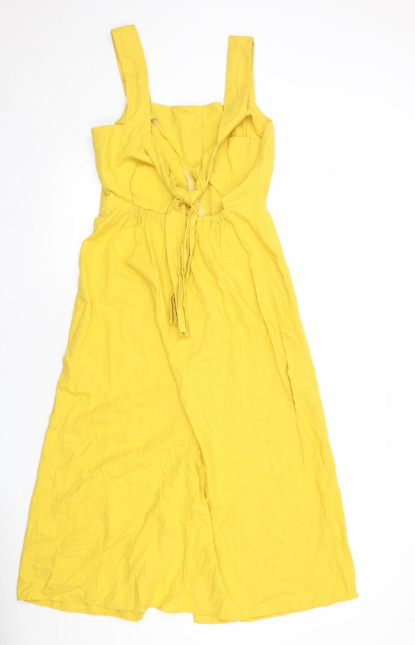 Warehouse Womens Yellow Linen Tank Dress Size 10 Square Neck Button
