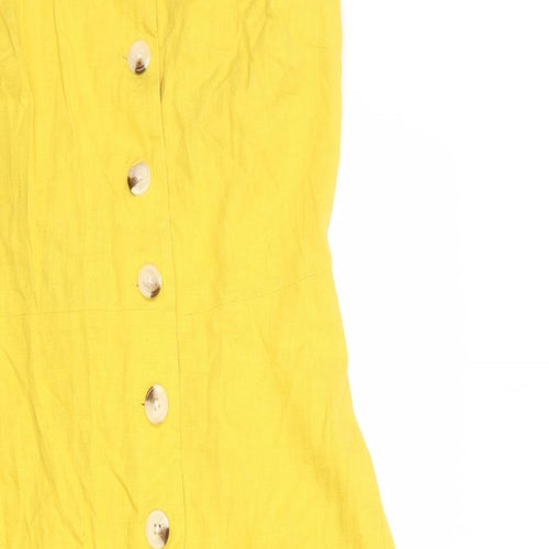 Warehouse Womens Yellow Linen Tank Dress Size 10 Square Neck Button