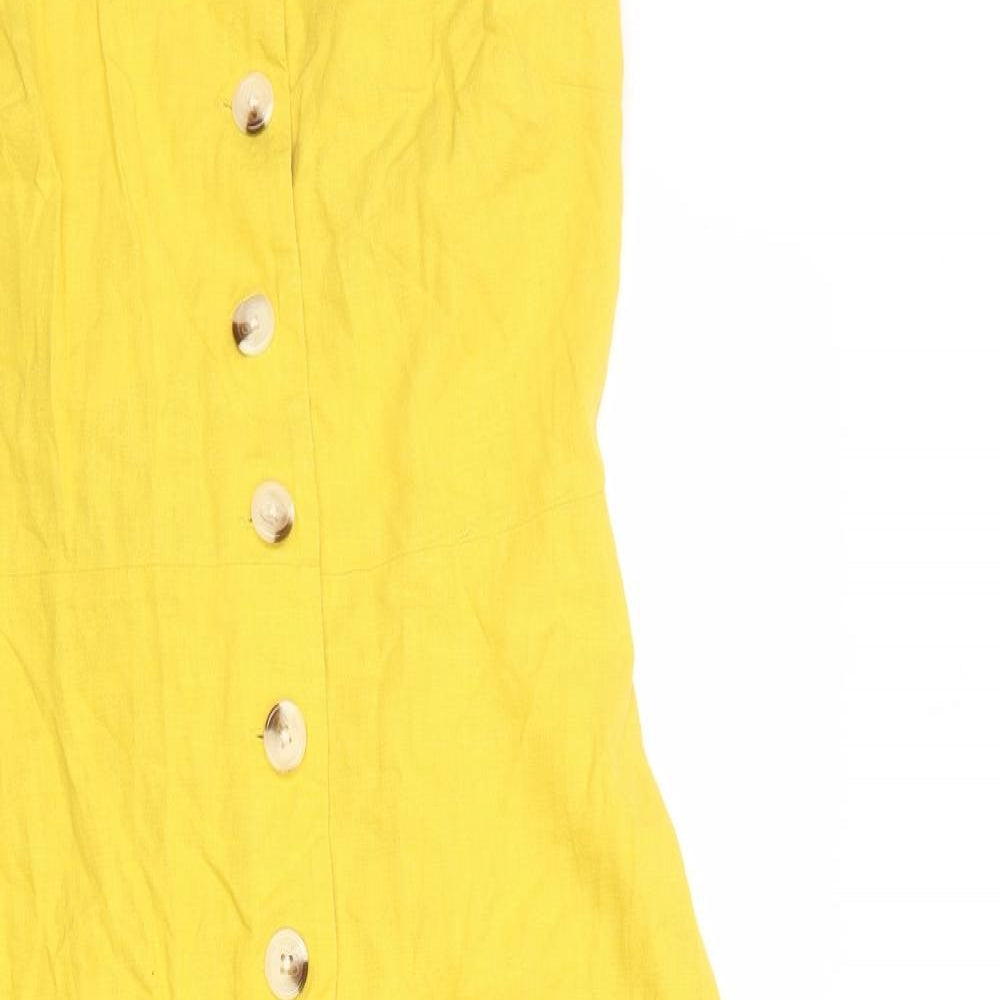Warehouse Womens Yellow Linen Tank Dress Size 10 Square Neck Button