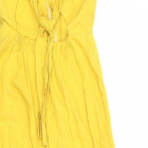 Warehouse Womens Yellow Linen Tank Dress Size 10 Square Neck Button