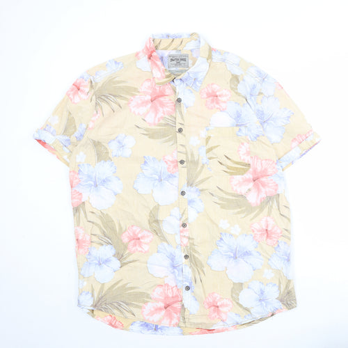 C&A Mens Beige Floral Cotton Button-Up Size 2XL Collared Button