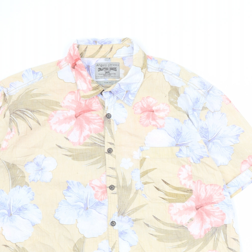 C&A Mens Beige Floral Cotton Button-Up Size 2XL Collared Button