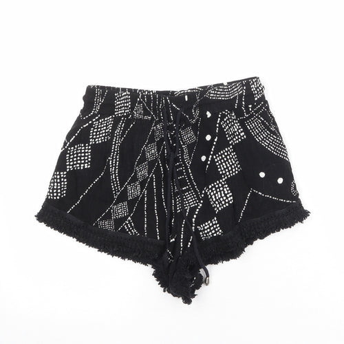 Milk & Honey Womens Black Geometric Viscose Hot Pants Shorts Size 8 Regular Drawstring - Crocheted Lace Trim