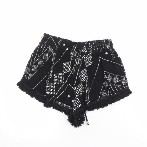 Milk & Honey Womens Black Geometric Viscose Hot Pants Shorts Size 8 Regular Drawstring - Crocheted Lace Trim