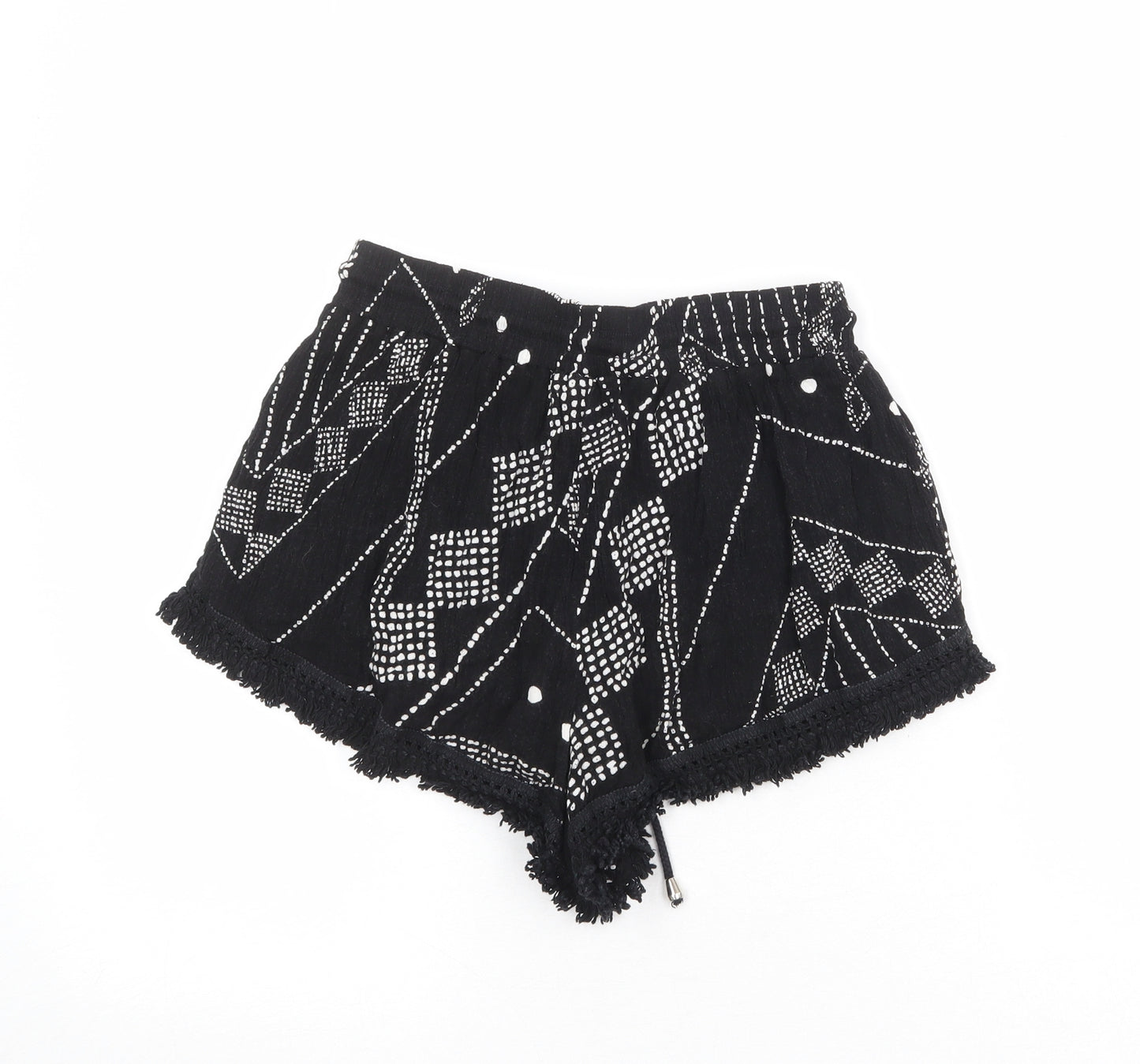 Milk & Honey Womens Black Geometric Viscose Hot Pants Shorts Size 8 Regular Drawstring - Crocheted Lace Trim